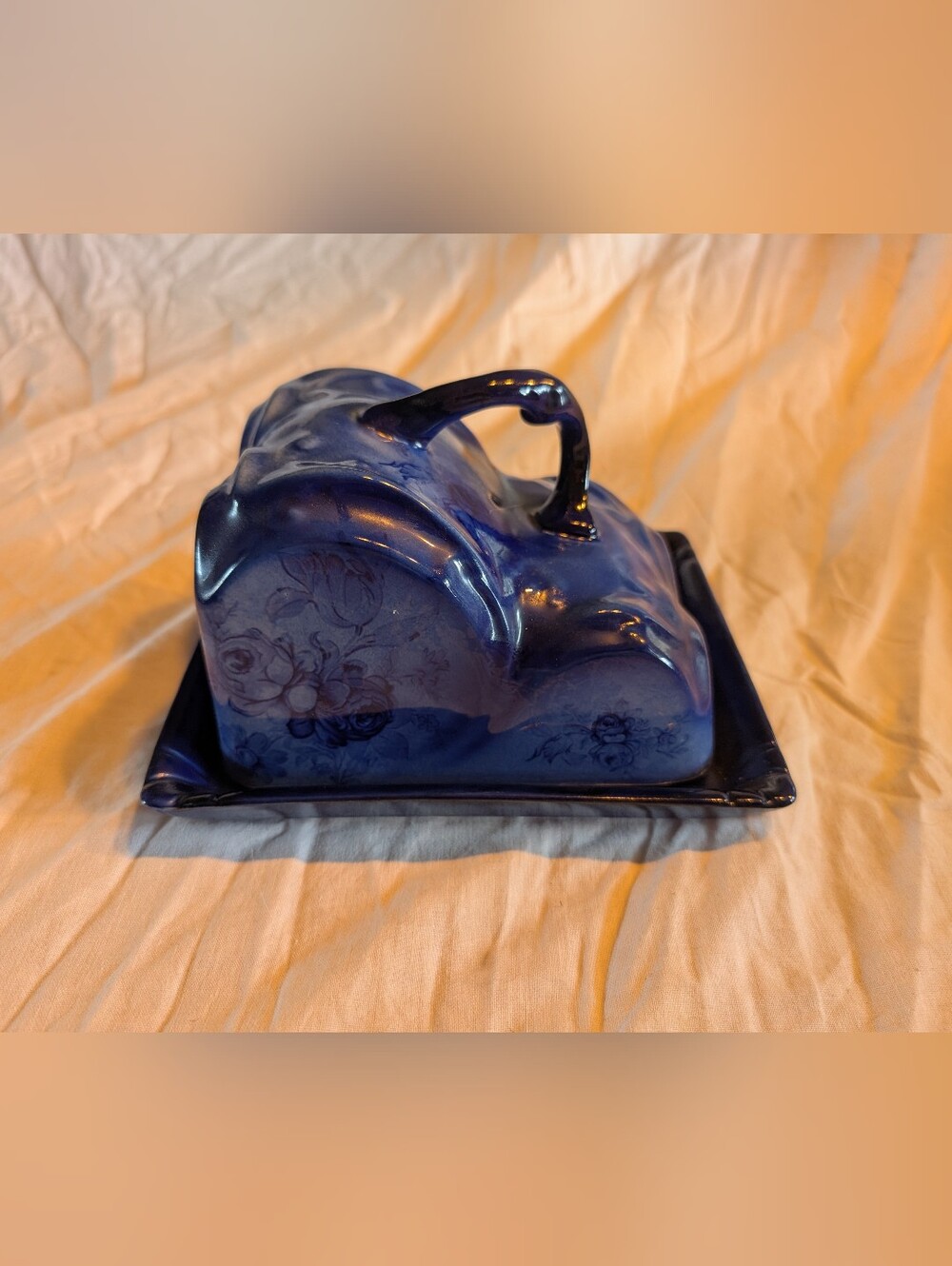 2/70$ Blue Ceramic Butter / cheese Dish with Floral Motif